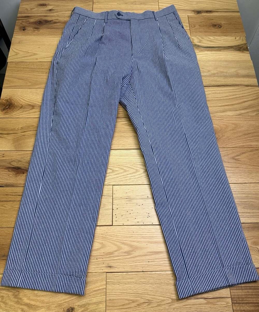 Paul Frederick Dress Pants Trouser  Seersucker Mens Size 36x30 Navy Blue Cotton